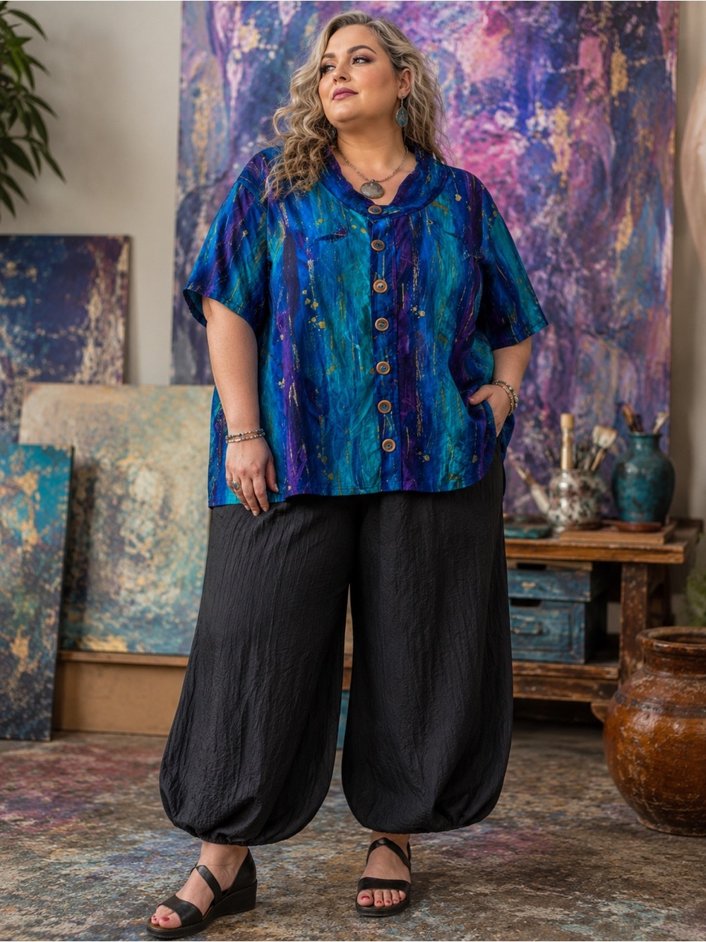 Abstract Art-To-Wear Blue Purple Button Front Artsy Boho Blouse